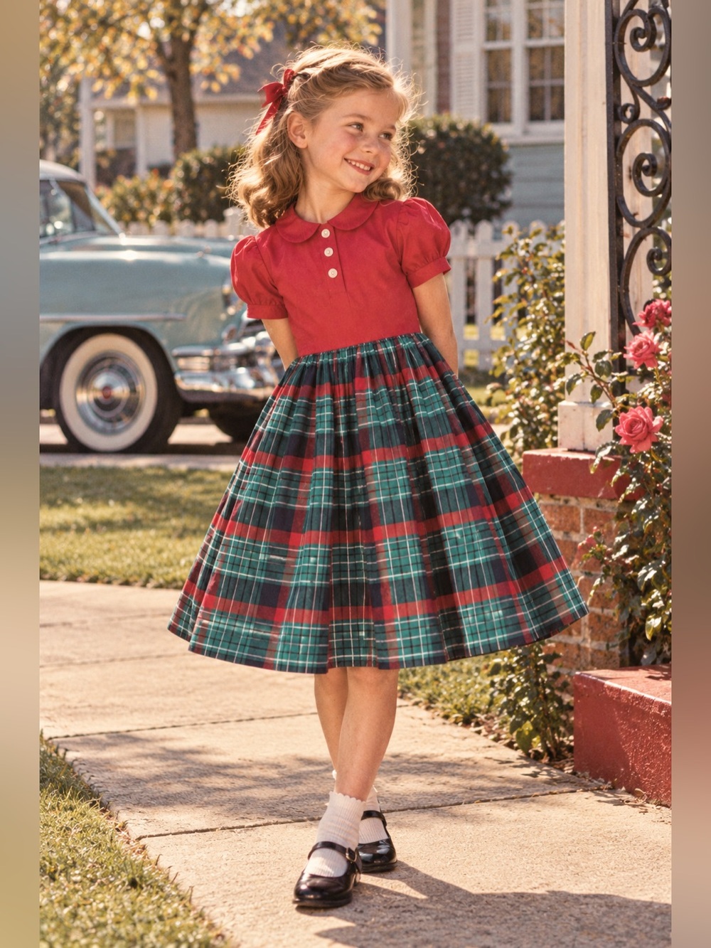 Vintage 1950s Little Star Girls Dress Sz 10 Red Green Plaid Peter Pan Collar